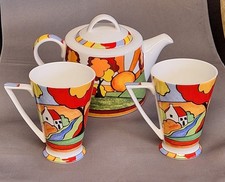 Clarice Cliff Inspired Queens, Churchill  Sunburst Teapot +2  River Cottage Mugs