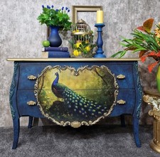 Ornate Curved Chest Of Two Drawers/Sideboard - Framed Peacocks - Delivery Avai