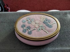 Vintage Ceramic Oval Hand-Made Cross Stitch Pink Pill Trinket Box Framecraft 