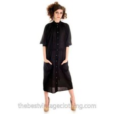 Vintage Vuokko Suomi Finland Sheer Fine Wool Dress Snap Front Black 1970s XS