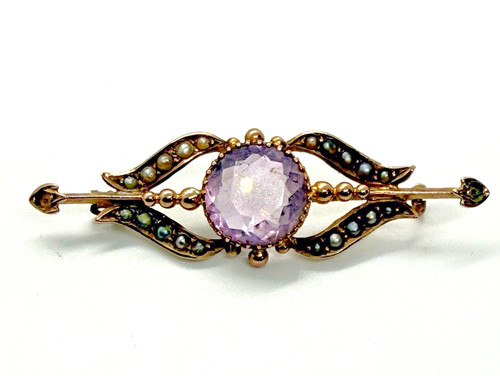Brooch 9ct gold amethyst seed - amethyst,