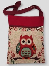 Owl Themed Bag Crossbody Zip Front Canvas Tapestry Style Burgundy
