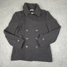 Superdry Pea Coat mens LARGE Black Wool Long Sleeve Commodity Winter Size L
