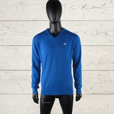 MOODS OF NORWAY Men's Blue Merino Wool V Neck Pullover Knit Sweater XL Jumper