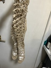 Knee High Cross Strap Heeled Boots Women's   Light Cream Suede  Size 6