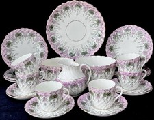 Antique English Diamond China Bone China Pink Lattice Pattern 22 Piece Tea Set