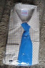 new - Baby Boys long sleeve White, Blue + Yellow checked shirt & Blue tie set