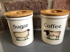Pair Of T G Green Cloverleaf Coffee & Sugar Jars Farm Animals Sheep Cow Cornish