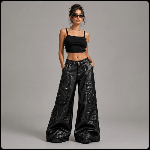 Black leather cargo pants - black,