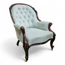 Antique Victorian fireside armchair - carved button back library reading chair