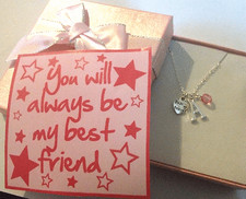 Best Friend pendant necklace with initial and crystal in gift box