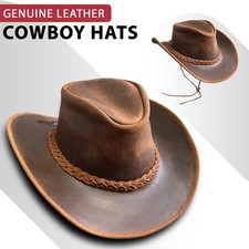 Cowboy Hat Real Leather Men Australian Western Style Tan Crazy Horse Bush Hat