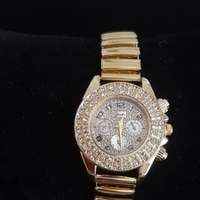 Women' Stretch Band Gold Finish Rhinestones Fashion Watch. New.  