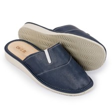 Women's Leather Slippers Slip On Comfort Sandal Ladies Blue Mule Handmade PL