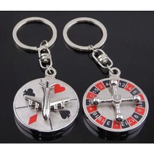 Casino Roulette Spinning Wheel Silver Metal Keyring Airplane Playing Card Pips