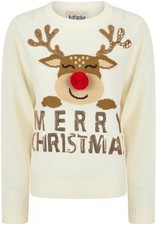 Christmas Happy Rudolph Motif Womens Christmas Jumper Cream Sweatshirt Crew Neck