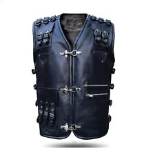 Mens Real Black Leather Heavy Duty Studded Buckled Biker Vest