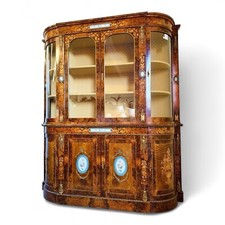 Vintage Burr Walnut Credenza Bookcase Display Cabinet with Porcelain Plaques
