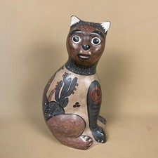 Vintage Mexican Tonala Cat Art Display Hand Painted Sculpture Statue Figurine