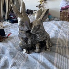 NEXT silver colour bunnies  Sculpture Ornament Rabbits 11” tall  ex cond 