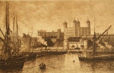 Lucien Gautier antique original etching 'The Thames, London' signed, 1881