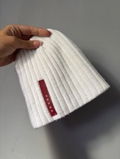 Prada White Ribbed Beanie Hat