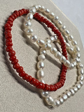 Vintage Real Freshwater Pearl & Red Coral Elasticated Bracelets X 3 20g