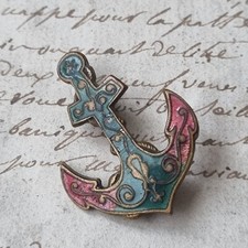Antique 1900 Enamel Brass Marine Anchor Enamel Brooch