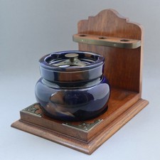 Good Antique Vintage Oak & Brass Pipe Stand/Rack with  Ceramic Tobacco Jar