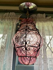 PAIR of Vintage CRANBERRY MURANO Hand Blown Caged Glass Ceiling Lights lamps