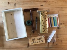 Handmade bug house, garden dibber, sign, herb labels, twine, pen & wooden tray M