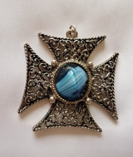 Pendant ~ Maltese Cross ~ Marbled Blue Glass Stone ~ Pewter Metal