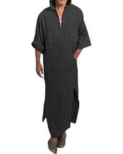Men's Casual Side Split Kaftan Long Gown Thobe V-Neck with Hoodie Black 2XL