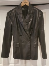 ZARA LADIES DOUBLE BREASTED BLACK LEATHER JACKET SIZE MEDIUM GOOD CONDITION