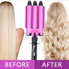 Hair Salon Ceramic 3 Triple Barrels Curling Iron Curler Tong Hair Waver Pink GB