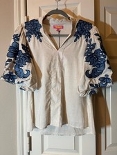 NWT THML Women's Cream Blouse Top with Blue Embroidered Flowers - Medium