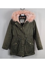 Marks and Spencer Girls Khaki Parka Coat Pink Faux Fur Hood Size 9-10years r1543