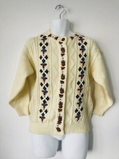 Cable Knit Cardigan Embroidered Cottagecore Folklore Sz M Vintage Cream