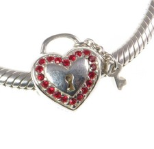 Rare Chamilia 925 silver & crystal RED LOVE LOCK with KEY charm bracelet bead