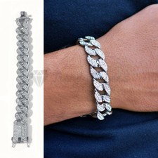 Iced Out White Gold Plated Diamond Cuban Link Chain Bracelet Bangle Cuff Jewelry