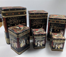Vintage Black Jap Classic Tea Caddy/Kitchen Storage Tins Full Set of 6 Nesting