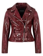 Women's Brando Style Red Waxed Croc Print Biker Cowhide Fashion Leather Jacket