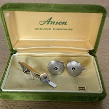 Vintage Anson Sterling Silver w Diamonds Tie Clip and Cufflinks Set
