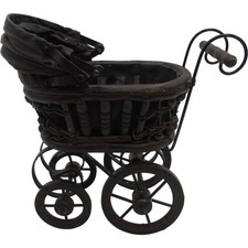 Vintage Doll Pram Pushchair Black Metal Wood Wicker Used