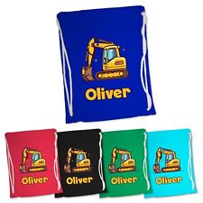 Personalised Excavator Gym Bag for Kids. Cotton, School. Nursery, Swim PE Travel