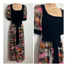Vintage 70’s Black Pink Orange Grey Velvet & Chiffon Xmas Evening Maxi Dress 10