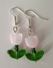 Drop / Dangle Spring Tulip Earrings - Pale Pink Glass Tulips - Silver Plated 
