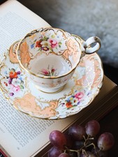 Antique Coalport Adelaide Shape Salmon Pink Floral Painted Coffee Cup And Saucer