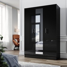 Black Gloss 3 Door Triple Mirrored Wardrobe with Hanging Rail & Shelves Bedroom