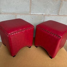 Pair Red Faux Leather Footstools Pair Studded Square